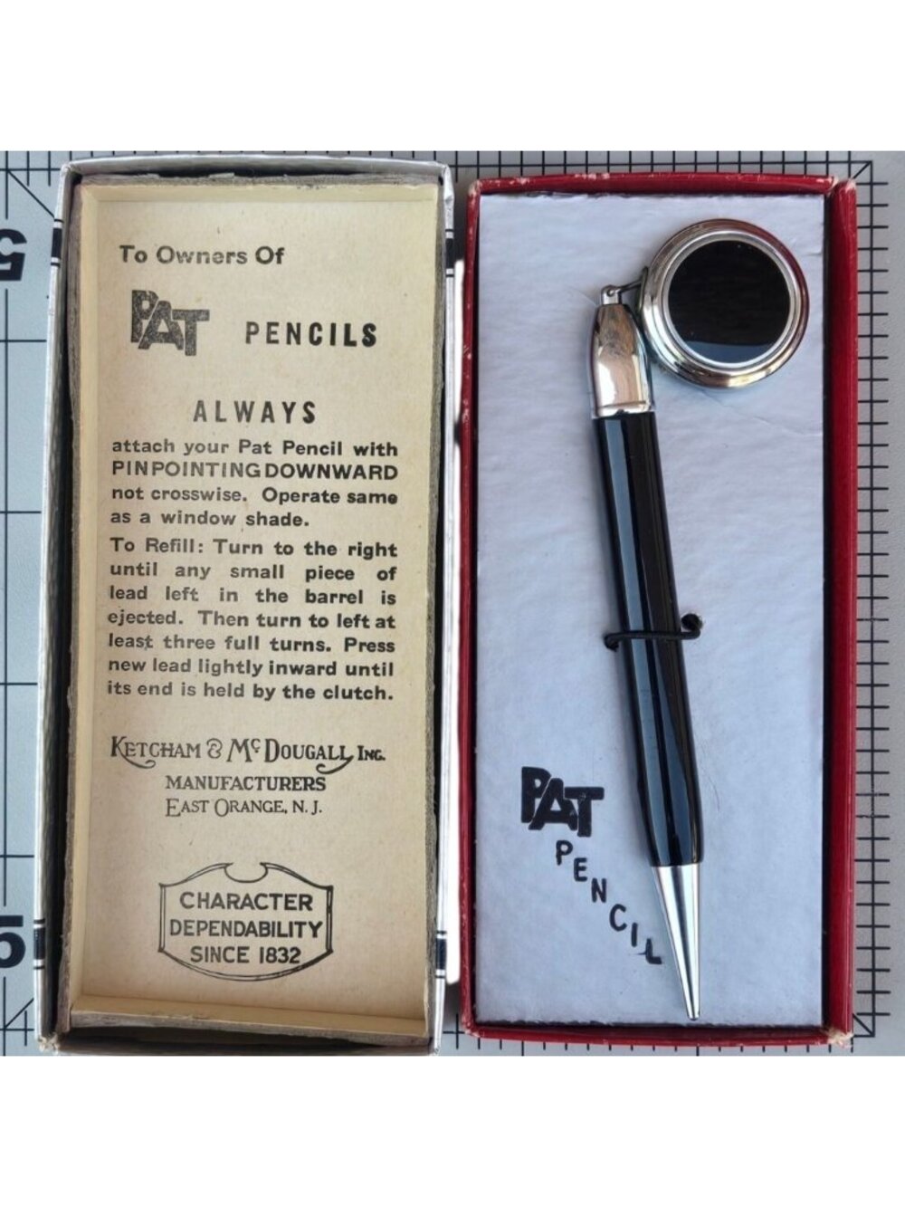 Pat Mechanical Pencil In Box Ketcham McDougall Black Chrome Finish 1930s Vintage